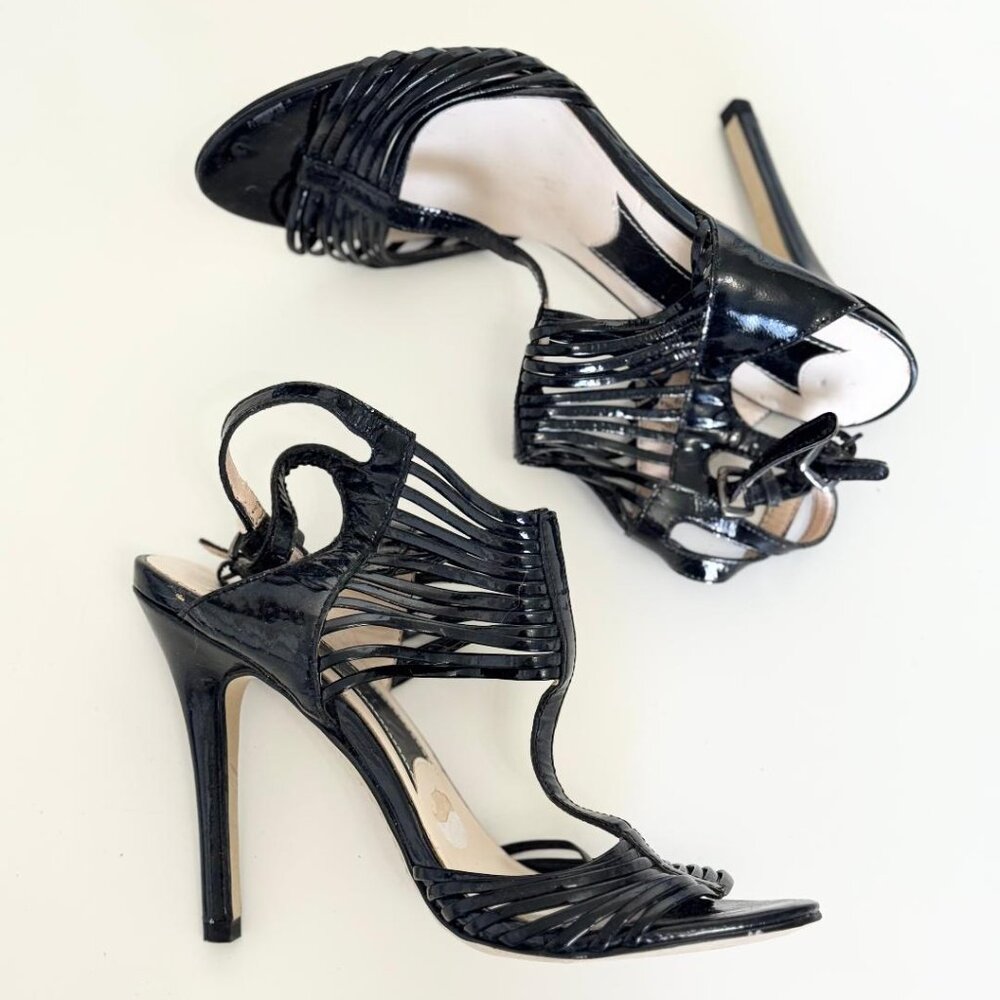 Black Patent Leather Strappy Stiletto Heels Shoes by Boutique, Size 7